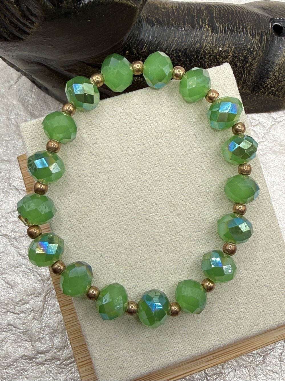 Vintage Green Faceted Bead Stretch Bracelet hint of Aurora coating